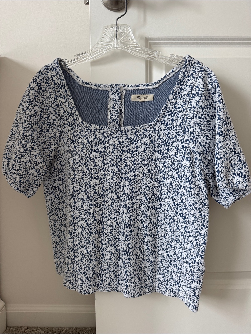 Madewell Navy and White Floral Square-Neck Blouse